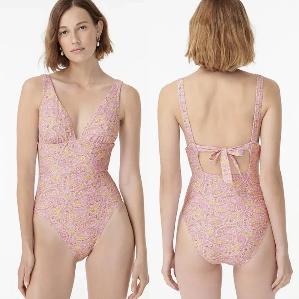 NWT J. Crew Eco Plunge One Piece‎ Swimsuit Beach Paisley Peach Size 12